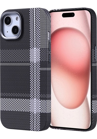 Goocamp Apple Uyumlu iPhone 15 Kılıf Magsafe Şarj Özellikli Karbon Fiber Görünümlü Nekst Kapak - Gri