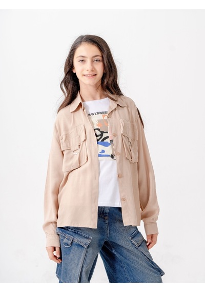 Giyicem Kız Çocuk D Tokalı Ceket T-shirt İkili Takım 1806 Bej