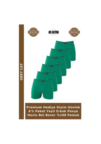 Grey Cat Premium Hediye Giyim Günlük 6'lı Paket Yeşil Erkek Penye Havlu Bel Boxer %100 Pamuk