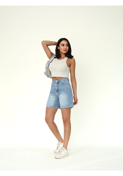 Eskitme Denim Kumaş Boru Paça Şort Mavi+eskitme