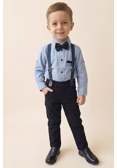 Modanino Erkek Bebek 4'lü Takım Set Pantolon+gömlek+askılı Kemer+papyon 12631 mavi