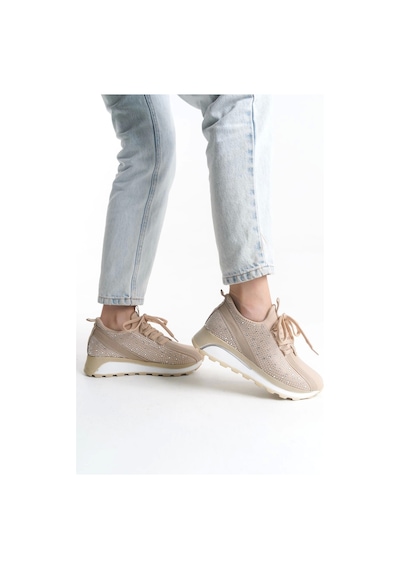 Alya Bağcıklı Ortopedik Taban Taşlı Kadın Sneaker Spor Ayakkabı Bt - Krem Krem