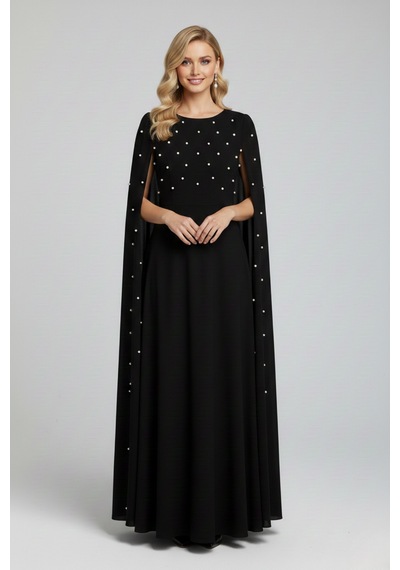Defymoda Kadın İnci İşlemeli Şık Gece Davet Elbise Siyah