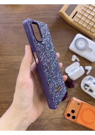 Samsung A06 Uyumlu Kadife İç Yüzey Tasarımlı Taşlı Işıltılı Parlak Pırlanta Kılıf Dia Plus Mor