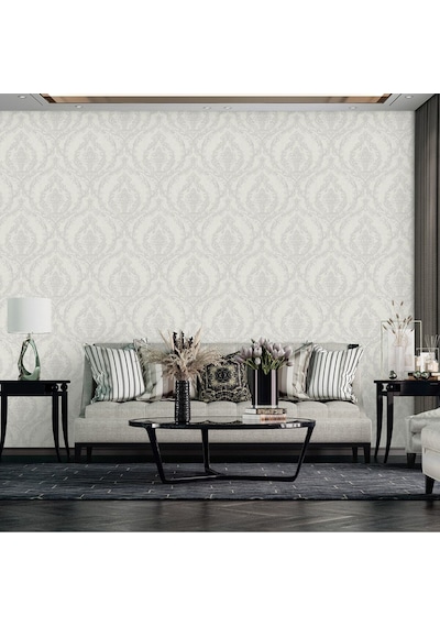 Adawall Timeless Bloom Design Wallpaper - Damask Desen Rococo 1401-3/15, Gri, Krem, 1.06x15.6m - 16.5m² Çok Renkli