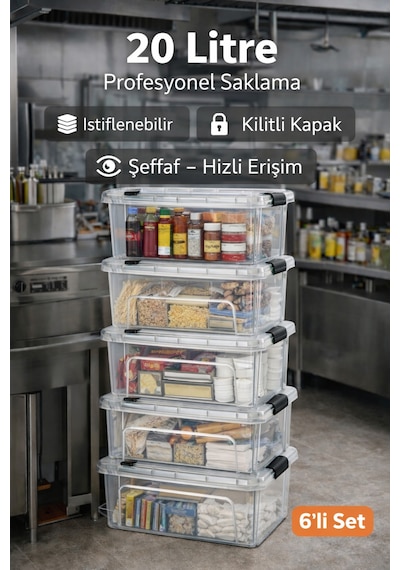 Restorant Cafe Bar Gıda Saklama Kutusu 20 Lt Şeffaf 6 Adet Beyaz