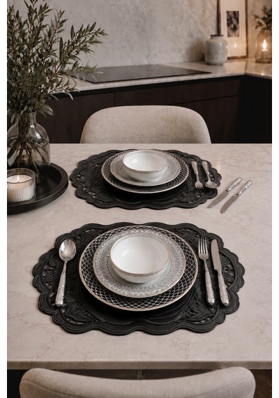 Nakışlı Deri Amerikan Servis 2'li Set Çift Taraflı Dikdörtgen Supla 50x33 Cm Dora Siyah
