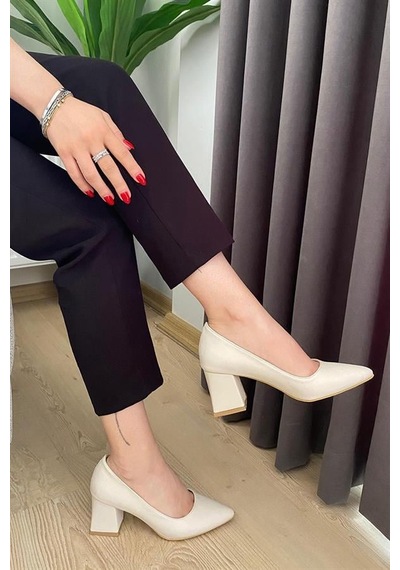 Kadın Krem Cilt 6,5 Cm Kalın Topuklu Stiletto Krem