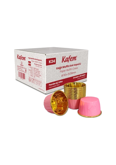 Kafem Muffin Kek Kapsülü Pembe-altın 25li X 60 Paket Koli - K24 Pembe + Altın