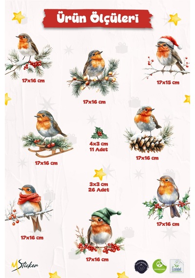 Çift Taraflı Yılbaşı Cam Sticker Seti 45 Parça Yılbaşı Kuşları Seti Yeni Yıl Dekorasyonu Dijital Baskı