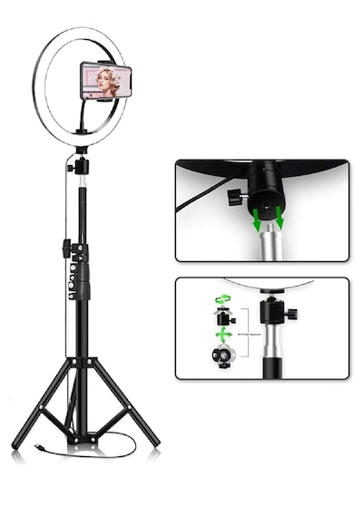 3 Renkli Led Ring Light 26 Cm 10 İnç Bluetooth Kumandalı 2.1m Tripot Youtube Tiktok Make Up Çekim Işığı Siyah