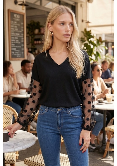 Armonika Kadın Siyah V Yaka Yarasa Kol Kolları Desenli Bluz Arm-26y001065 Armonika Kadın Siyah V Yaka Yarasa Kol Kolları Desenli Bluz Arm-26y001065