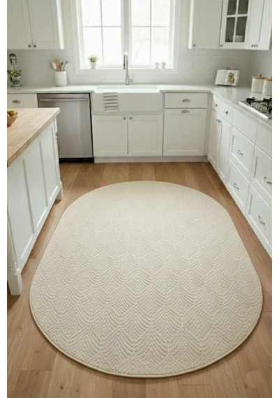 Raschel Carpet Yıkanabilir Oval Elips Leke Tutmaz Yaprak Emboss Krem Mutfak Halısı Özel Seri Kaymaz Taban Halı Krem