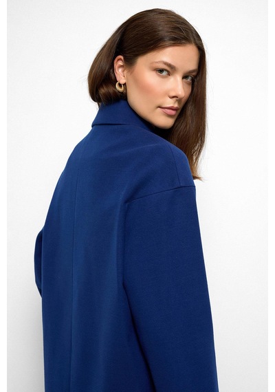 Olcay Desenli Astarlı Oversize Kruvaze Kaban Saks 3095 Saks Mavi