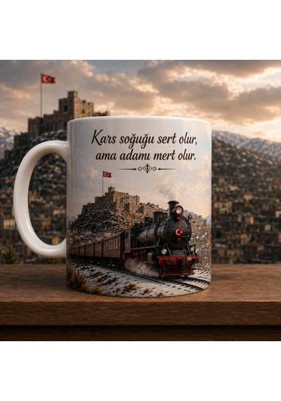 Kars Temalı Porselen Kupa Bardak Kars Kalesi Ve Tren Baskılı Hediyelik 300 Ml Beyaz