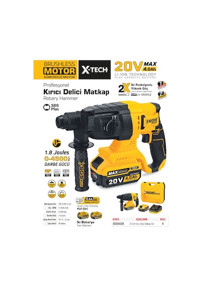 Sds Plus SGS5520 - 20 Volt 4 Amper 1.8 Joules Akülü Darbeli Kırıcı Delici Seti