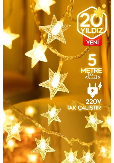 Dekoratif Yıldız Led Işık Zinciri 5 Metre 28 Led Prizli Gün Işığı Fişli Yılbaşı Aydınlatması Sarı