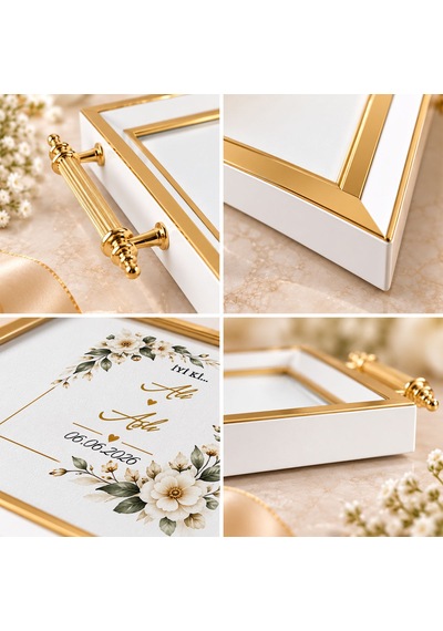 Bk Gift Kişiye Özel Beyaz&gold Söz Nişan Tepsisi-4 - 39x23 Cm Çok Renkli