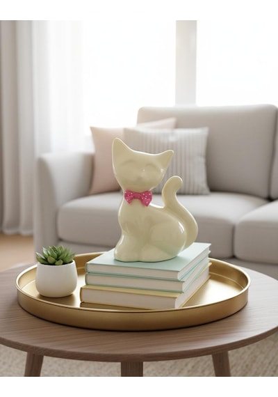 Papyonlu Kedi Dekoratif Biblo Heykel Hediyelik Obje Süs Aksesuar Sarı