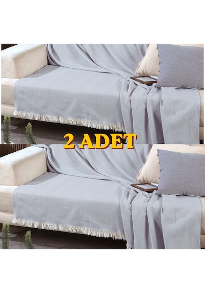 170 210 Cm Pamuklu Önden Saçaklı 170x210 Koltuk Örtüsü 2'li Paket Açık Gri