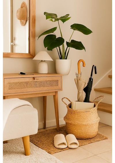 Tr Doğal Rattan El Örgüsü Hasır Sepet Bohem Flådıs Tarz Dekoratif Saklama Sepeti Bej Genel