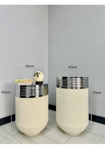 Elegant Dekoratif Krom Darbuka Krem Saksı 70cm + Sehpa 60cm İkili Set Elgntbyzsetkrm