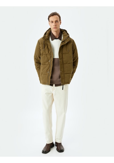 Koton Etiket Detaylı Slim Fit Kapşonlu Şişme Mont Haki 5wam20040hw Haki