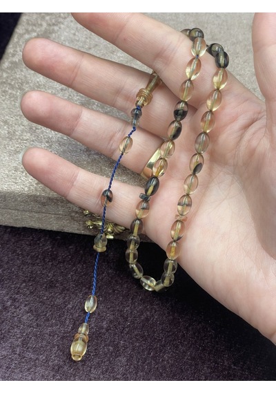 Salih Şirin Halkalı İmame Badem Kesim Füme Bal Sıkma Kehribar Tesbih 6x8 Mm Sarı