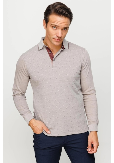 Desen Triko Erkek Polo Yaka Kare Desenli Uzun Kollu Sweatshirt Bej Bej