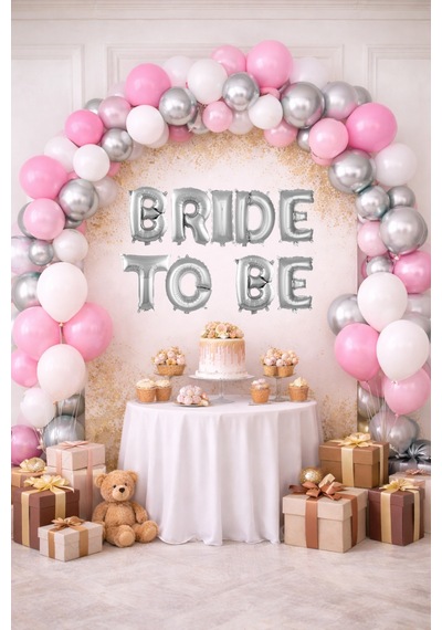 Bride To Be Tema Gümüş Folyo Harf Pembe Beyaz Gümüş Kum Beji Balonlu Pompa Hediyeli Süsleme Gümüş - Pembe