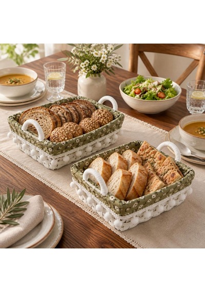 Dikdörtgen Ponponlu Ekmek Sepeti İkili Set Yeşil