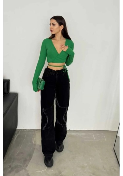 Kene Jeans Yüksek Bel Bacak Yıldızlı Bol Paça Jeans Siyah
