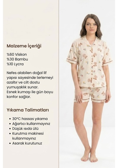 Hepsine Rakip Kadın Düğmeli Kısa Kollu Şortlu Pijama Takımı Cutebear 7518 Ekru
