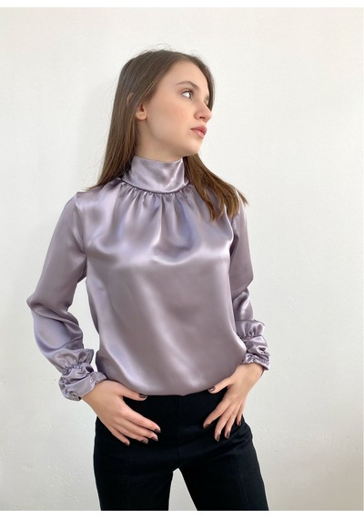 Mois Atelier Gül Kurusu - Gri Saten Bluz, Tasarım, Hediye, Büyük Beden, Tesettür Gri