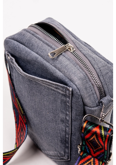 Fabric Craft Bag Kadın Çapraz Çanta Denim Kot Cepli Desenli Askılı Özel Seri 21x21 Cm Gri