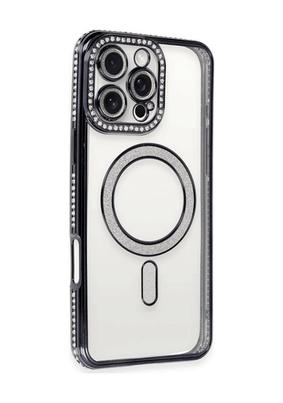 Apple Uyumlu iPhone 16 Pro Kılıf Joke Seri Magsafe Özellikli Taşlı Simli Silikon Kapak Siyah