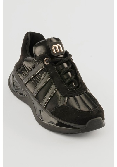 Mubiano Kadın Süet Sneaker Anorak Detaylı Taşlı Spor Ayakkabı Neriel Siyah Siyah