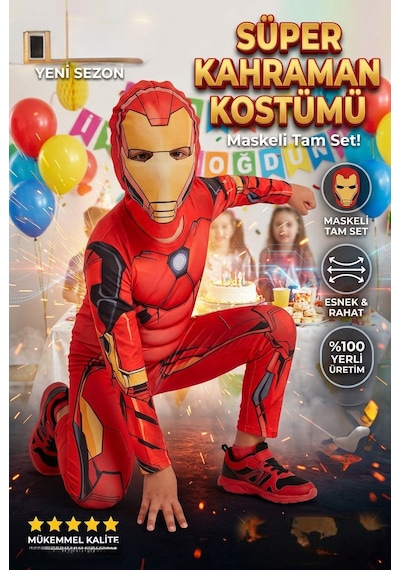 Milays Kaslı Karakter Kostümü Ve Maskesi Kas İçleri Elyaf Dolgulu kırmızı