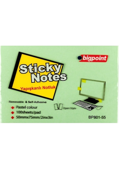 Bigpoint Yapışkanlı Not Kağıdı 75x50mm Yeşil X 12 Adet