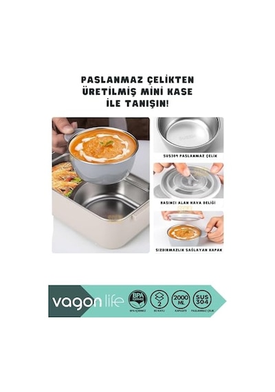 Vagonlife Bento 2000ml Lunchbox 2 Katlı 3 Bölmeli Mini Kaseli Çelik Sefer Tası Yemek Kutusu Kahverengi Genel