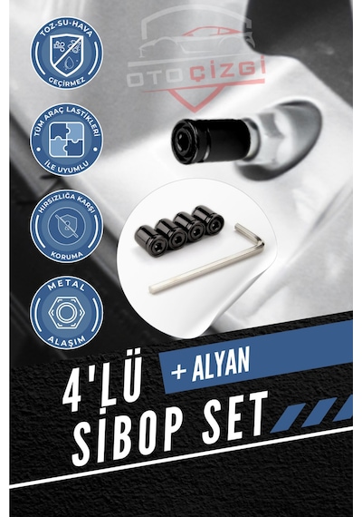 Renkli 4 Lü Sibop Kapak Seti Araba & Motosiklet Uyumlu, Alüminyum, Hava Kaçağını  - Siyah