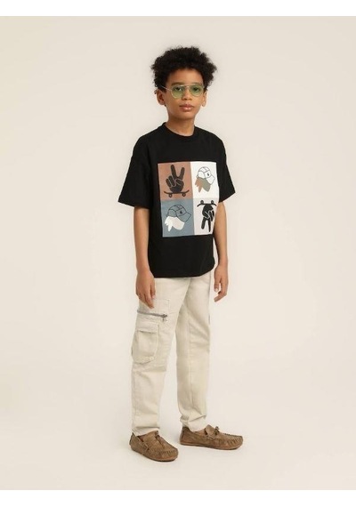 Escabel Erkek Çocuk Şapka Desenli Tasarım Pamuklu T-shirt-15627 SIYAH