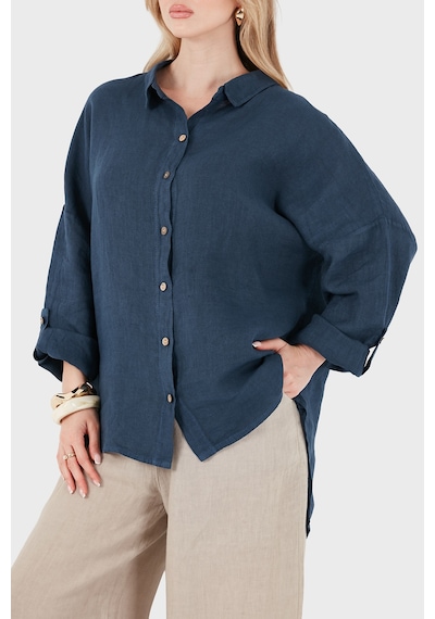 Via Dante % 100 Keten Oversize Yarı Transparan Gömlek Bayan Gömlek 7697 Lacivert