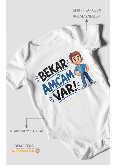 Morivokids Bekar Amcam Var Kısa Kollu Bebek Body %100 Pamuk Beyaz