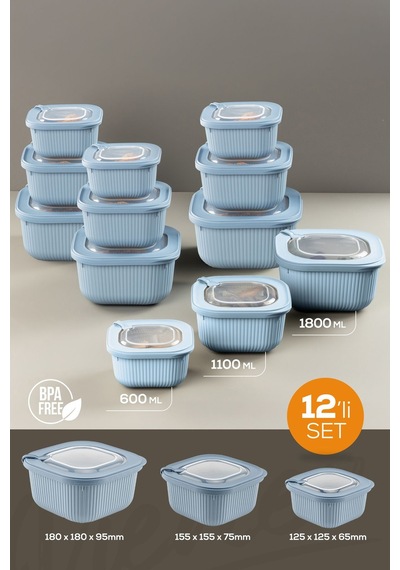 Vienev Mikrodalga Ve Difrize Uygun Vip Kapaklı Özel Saklama Kabı Seti Mavi 12'li 4 x 600 -1100 - 1800 ML Mavi
