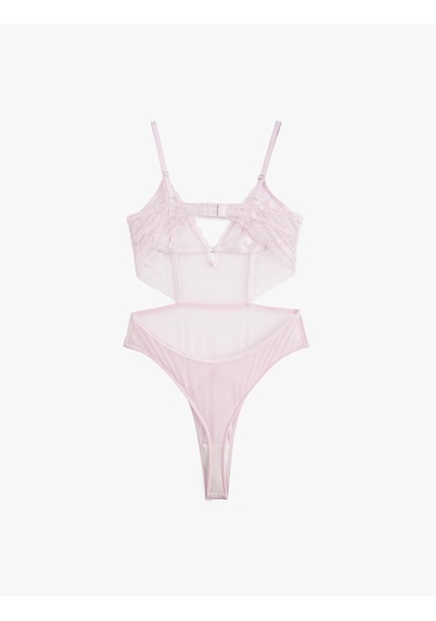 Koton Dantel Detaylı Rahat Kalıp V Yaka Tül Askılı Bodysuit Pembe 6slk00001mk Gül