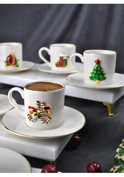 6 Kişilik Yılbaşı Dekorlu Porselen Kahve Fincan Takımı 90 Ml Yeni Yıl Noel 12 Parça Beyaz