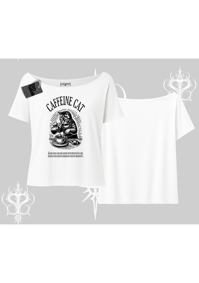 Tarzsokak Kayık Yaka Tshirt Caffeine Cat Kahve Temalı Kedi Baskılı Beyaz