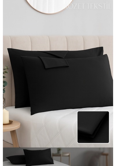 Siyah Pamuk Kumaş Kapaklı Yastık Kılıfı 2 Adet 50 X 70 Cm