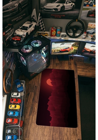 Kızıl Ay Dağlar Gaming Mousepad Xxl 90x40 Cm Kaymaz Taban Dikişli Kenar Kırmızı Siyah Oyuncu Masa Pedi